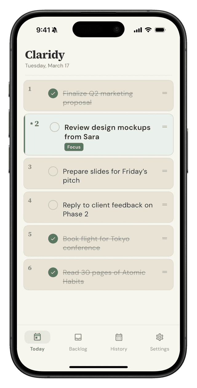 Claridy app showing six prioritized daily tasks